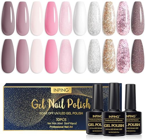 INPING Gel Nail Polish, 10 Colors Glitter Nude Pink Gel Polish Set, Hot Pink Nude Rose Pale Pink White Sparkly Gold Silver Confetti Nail Varnish Soak Off UV LED for DIY Nail Art Salon