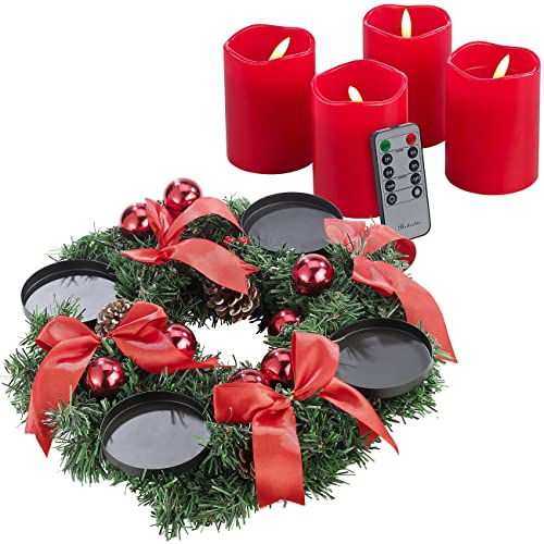 Britesta Weihnachtskranz: Adventskranz mit rotem Schmuck, inkl. LED-Kerzen in rot (Weihnachtsdekoration-Kränze, Weihnachtsschmuck Tischkränze, Weihnachten)