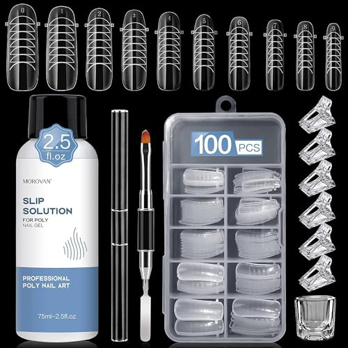 Morovan Slip Solution Poly-Gel – 2,5 oz Antihaft-Flüssigkeit mit Pinsel, Nagelspitzen, Clips, Crystal Cup für einfaches Maniküre-Set