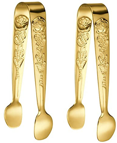 Haletia 2Pack Sugar Tongs with Embossed Rose Flower,Stainless Steel Small Ice Tongs for Bar, Sweet Tongs for Ice Cube Tongs (Gold)