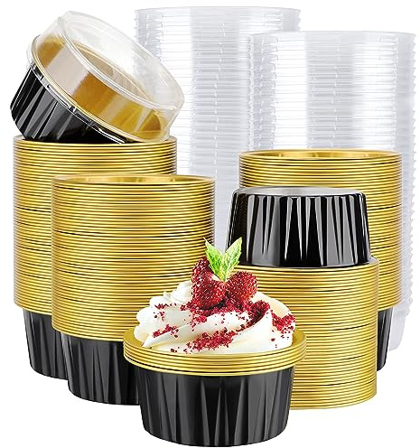 EUSOAR Cupcake Liners, 200pcs 5oz Muffin Cups with Lids for Baking, Mini Disposable Aluminum Foil Ramekins Mold, Cute Cake Creme Brulee Dessert Containers Souffle Pan for Party Individual Serving