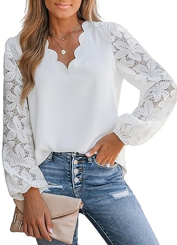 CUPSHE damblus blommig spets uddig topp långärmad v-ringad elegant skjorta, Vitt, XS