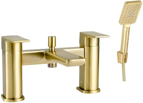 KINGBATH™ Bath Shower Mixer Tap Faucet with Shower Kit Handheld Shower Head Bathtub Bathroom Sink Hot and Cold Solid Brass Modern Double Lever Handle Brushed Brass Gold