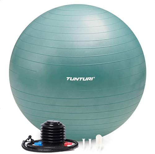 Tunturi Anti Burst Fitnessball mit Pumpe - Yoga-Ball 65 cm - Pilates-Ball - Schwangerschaftsball – 220 kg Benutzergewicht - Inklusive Trainings-App – Petrol
