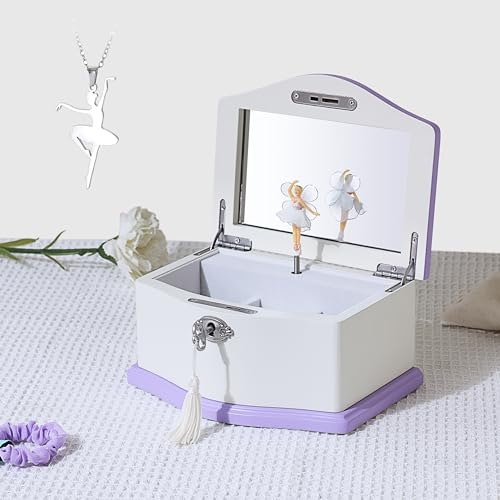 Musical Jewelry Box-Medium Ballerina Musical Chest with Mirror for Girls,Jewelry Storage,Swan Lake Tune, Gift for Christmas,Birthday,New Year and All Holidays- (white/purple)