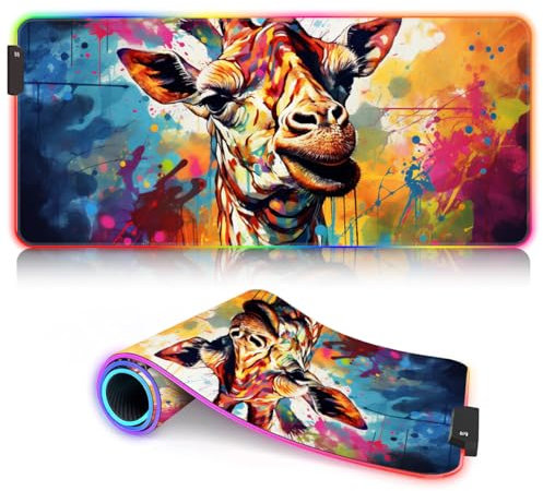 CHTXD XXL Long Extend Giraffe RGB Mousepad XXL (35,4 x 15,7 x 0,12 Zoll), großes Gaming-Mauspad mit Rutschfester Gummiunterseite, Overlockstichkante, 9 statische Farben und 3 dynamische