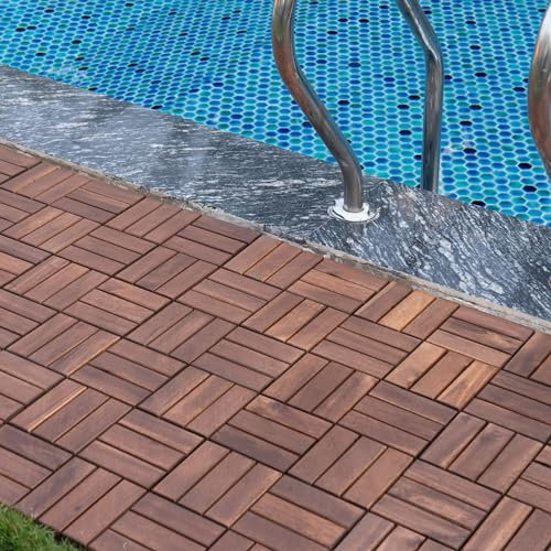 casa.pro Juego de 10 Baldosas para Cubrir 0,9 m² Jardín Exterior Suelo Terraza Balcón Azulejos Entrelazados Diseño Mosaico 12 Láminas Madera de Acacia 30x30 cm - Marrón