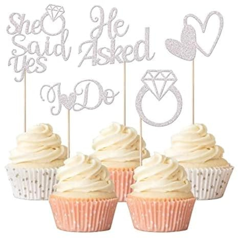 Xsstarmi 30 Packung Hochzeit Cupcake Toppers Glitzer He Asked She Said Yes Cupcake Picks Heart Ring I Do Wedding Kuchendekoration für Hochzeit Verlobung Brautparty Partyzubehör Silber