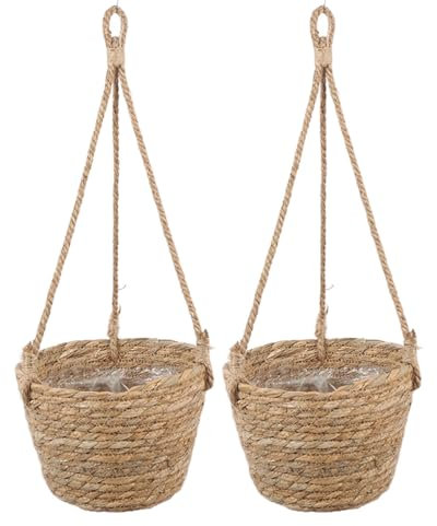 Olly & Rose Natural Hanging Basket 2 Pack Plant Pots D 18cm H 14cm Total Height 48cm - Indoor Hanging Planters
