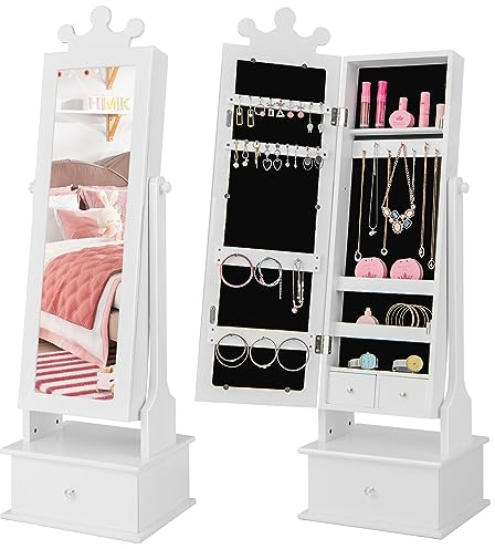 DREAMADE 2-in-1 Neigungsverstellbarer Kinderspiegel aus Holz - Freistehender Standspiegel mit Schmuckschrank für Kinder ab 3 Jahre im Kinderzimmer (Weiß)