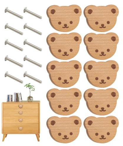 Generisch Schubladenknöpfe,Cartoon Bär Kommode Griff,Schrankknöpfe Bär Mit Mimik Tiere, Schrankgriffe,10 Stück Tier Holzgriffe Für Schränke, MöBelknöpfe Mit Schrauben,Für Schubladen, Schrank, Kommode