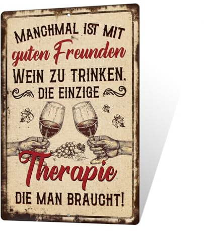Putuo Decor Metallschild Wein und Freunde – Blechschild mit Spruch – Wanddeko für Küche, Bar oder als Geschenk für Weinliebhaber