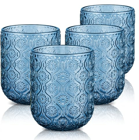 Joeyan Trinkgläser Set Bunt, 260ml Blau Wassergläser, Vintage Gläser Set 4 Teilig, Saftgläser mit Modernes Blume Relief Design, Stapelbar Küchengläser für Alltag,Büro,Outdoor, Spülmaschinenfest
