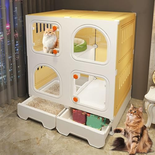 Recinto interior para gatos con parte inferior elevada y cajón de almacenamiento, incluye caja de arena, fácil de limpiar