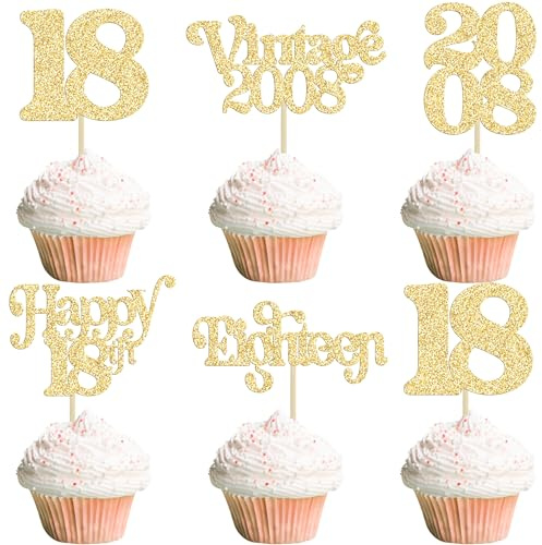 Gyufise 30Pcs 18th Birthday Cupcake Toppers Glitter Eighteen Vintage 2008 Adultish 18 Cupcake Picks Hello 18 Years Birthday Cake Decorations for Happy 18th Anniversary Party Supplies Gold