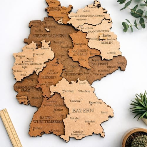 Generisch Holz 3D Wanddeko Deutschland – Wanddeko aus Holz mit Gravur | Handgefertigte Deutschlandkarte, Geschenkidee & Wohnaccessoire – Made in Germany (Natural Wood, L – Height: 40 cm)