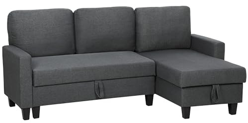 HOMCOM 3-Sitzer Schlafsofa mit umwandelbarer Chaise Longue, Ecksofa mit Stauraum, abnehmbare Kissen in Leinen-Effekt-Stoff, für Wohnzimmer, 197x129x85 cm, Dunkelgrau