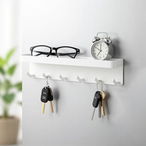 SHIMOYAMA Magnetic Key Hook with Tray, Metal Key Rack Hanger Wall Mounted with 6 Hooks for Entryway, Kitchen, Refrigerator, White