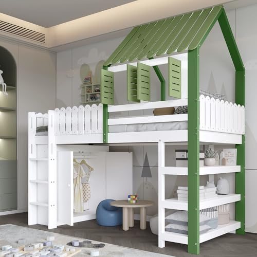 Cama alta, cuna infantil con rejilla anticaídas, con techo y ventana, amplio espacio de almacenamiento con armario, estantería de almacenamiento abierta de tres capas, escalera de tres niveles, madera