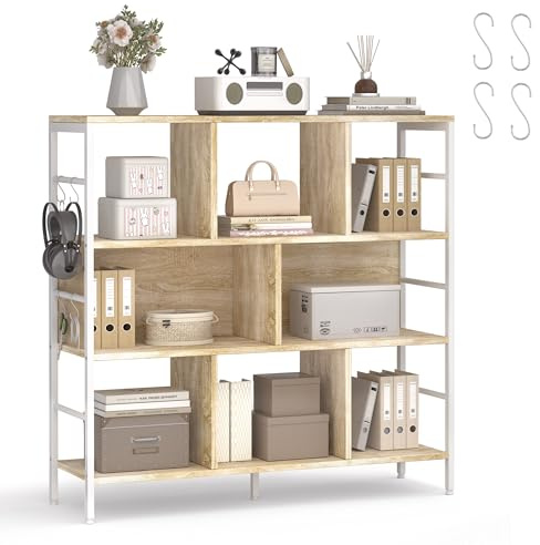 ELUCHANG Bücherregal, Standregal mit 8 Fächern, Regal mit 3 Ebenen Kostenlose Haken, für Wohnzimmer, Schlafzimmer, Arbeitszimmer, Küche 30x94x95cm, Helle Eiche-Weiß