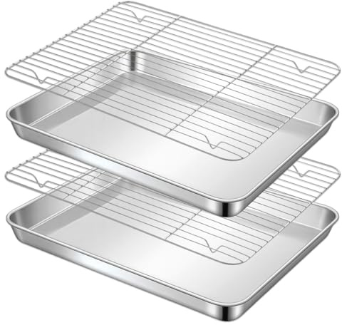 Rairsky Edelstahl Backblech mit Abkühlgitter für Backen, Braten und Kühlen | Backform Rechteckig Ofenblech mit Kuchengitter Set, 31,5x24,6x2,5cm Backblech mit Gitter Strapazierfähig, Leicht zu Reinigen