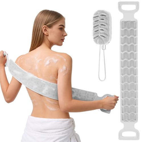 2PCS Rückenbürste Körperbürste,87cm Länge Rückenwaschgurt Massagebürste Silikon,Schrubber Silikonbürste für Körper Rücken Peeling Bad （Grau）