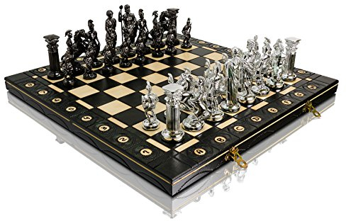 Master of Chess Spartan 40 x 40 cm Holz Schach Metalizzed Kunststoff alte Rom Themed Zahlen auf Holz Schachbrett, Classic Schach Game