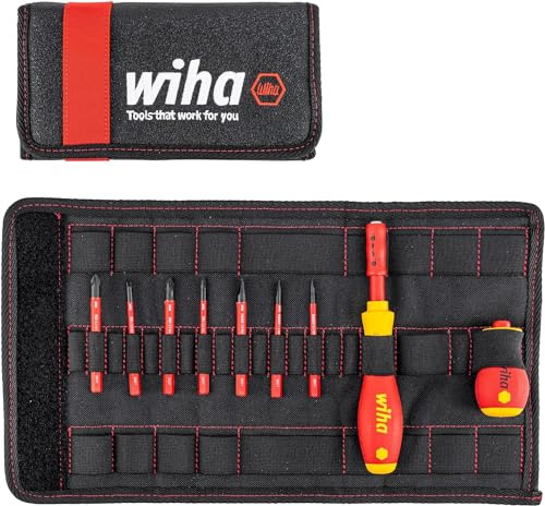Wiha Schraubendreher und Bit Set slimVario (41232) 10 tlg. in Falttasche | VDE Elektriker | inklusive Griff und Schlitz, Kreuzschlitz Bits
