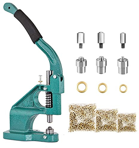 BEAMNOVA Grommet Tool Kit, Heavy Duty Hand Press Eyelet Setter Machine 1/4, 3/8, 1/2 Inch (6, 10, 12 mm) Setting Dies, 1500 Golden Grommets for Fabric Banners Curtains Leather Craft