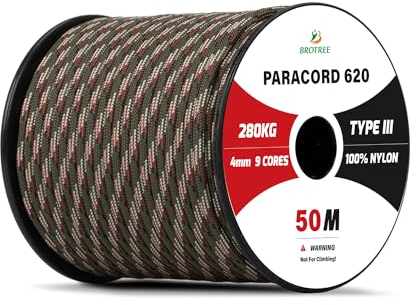 Brotree Paracord 4mm 50M 9 Stränge 100% Nylon Seil Schnüre Typ III für Survival, Outdoor, Heimwerken - Bruchlast 280kg (Wald Tarnung)