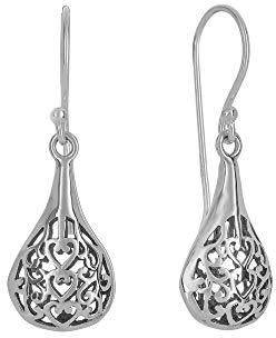 Silverly Sterling Silver Filigree Puffed Teardrop Dangle Earrings for Women – 925 Silver Art Nouveau Spiral Openwork Earrings – Hollow Drop Design - Ornate Victorian-Inspired Jewelry