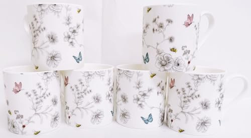 Secret Garden Mugs Set 6 Fine Bone China Balmoral Cups Flowers Butterflies Bees Hand Decorated in UK