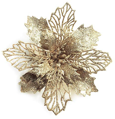 GL-Turelifes Künstliche Weihnachtssterne mit Glitzer, Weihnachtskranz, 16 cm Durchmesser, mit 12 grünen weichen Stichen (Champagner), 12 Stück