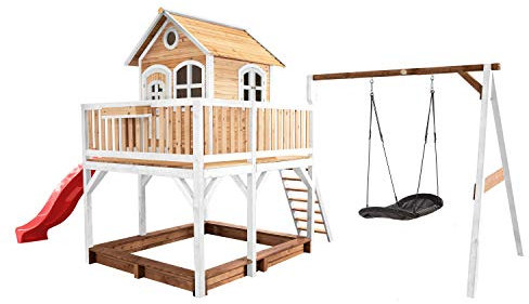 AXI Spielhaus Liam mit Sandkasten, Nestschaukel & roter Rutsche | Stelzenhaus XXL in Braun & Weiß aus FSC Holz für Kinder | Spielturm mit Wellenrutsche & Schaukel für den Garten