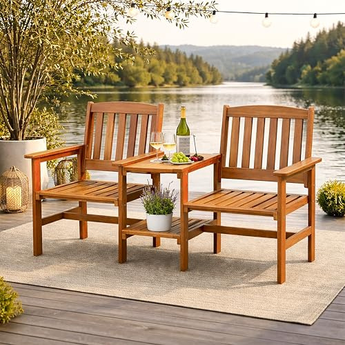 Garden Mile Wooden 2 Seater Jack and Jill Love Seat Patio Set - 2 Person Hardwood Garden Furniture & Table - Garden Outdoor Bench with Built-in Parasol Hole for Terrace Balcony & Outdoor