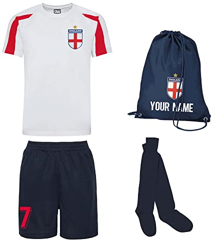 Personalised England Style Kit White and Red Football Shirt, Navy Blue Shorts, Bag and Socks for Boys and Girls Best Birthday Gift for Children Kids Playwear (5-6 Years)