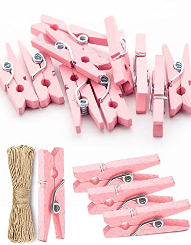 Mini Clothes Pins for Photo, Sturdy Natural Wooden Clothespins 150 Pcs 1 Inch with 33 FT Jute Twine, Small Clips for Crafts Display Baby Shower Game Hanging Decorative Pictures Weddings, Pink