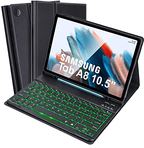 Samsung Galaxy Tab A8 Tablet fodral med bakgrundsbelyst tangentbord, brittisk layout, inbyggd S pennhållare, SOPPY smalt skydd med avtagbart tangentbord för Samsung Galaxy Tab A8 10,5 tum 2021
