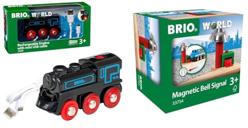 BRIO 33599 - Akku Lok mit Mini USB, bunt & World 33754 - Magnetisches Glockensignal – Eisenbahnzubehör Holzeisenbahn – Kleinkinderspielzeug empfohlen für Kinder ab 3 Jahren