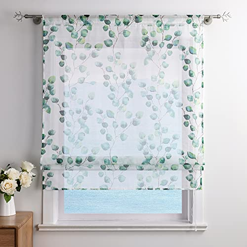 ESLIR Raffrollo mit Tunnelzug Raffgardine Leinen Küche Gardinen Modern Bändchenrollo Transparent Vorhänge Grün BxH 80x140cm 1 Stück