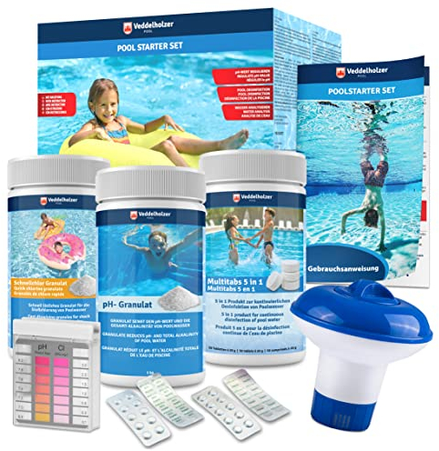 Veddelholzer 5 in 1 Pool Reinigungsset-Poolreiniger, Tester pH, pH Minus Granulat, Chlortabletten für Pool 20g, Chlorgranulat, Skimmer zur Poolpflege mit Anleitung Perfekte Pool & Whirpool Reinigung