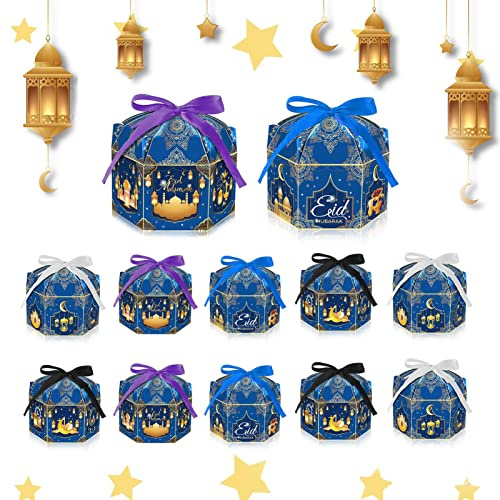 12 Stück Eid Mubarak Geschenkboxen, DIY Boxen Süßigkeitenschachteln für Ramadan Eid Gastgeschenke Partytüte, Süßigkeiten Leckereien Keks Boxen für Muslimische Eid al-Fitr Schachteln
