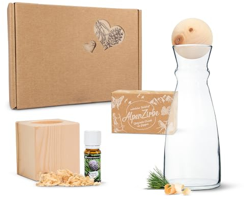 ZirbenErlebnis Geschenksbox #9: Zirbenwürfel-Set, Zirbenkugel + 1L Nimbus-Karaffe