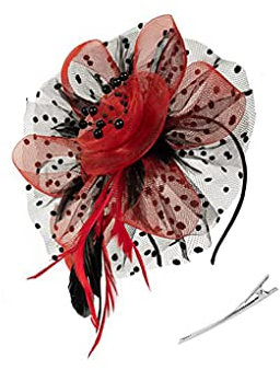 kawehiop Vintage Damen Plume Fascinator Retro Style Mesh Schleier Stirnband Haarnadel Damen Haar Kopfbedeckung für Party Kirche, Schwarz+rot