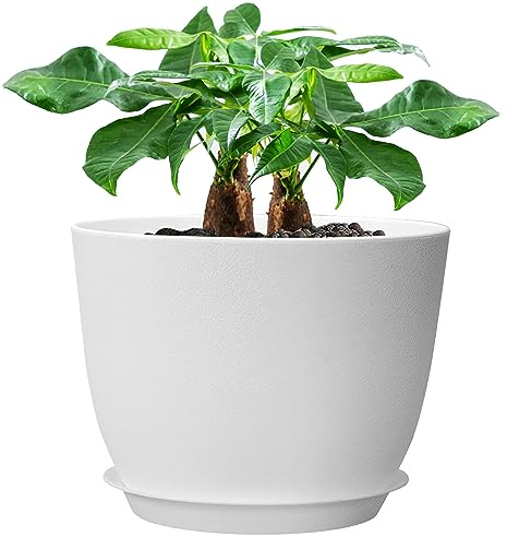 UOUZ Grande vaso per piante da 30,5 cm, moderno in plastica con fori ad alta gocciolamento e sottovaso, per piante e fiori da giardino da interni ed esterni, bianco