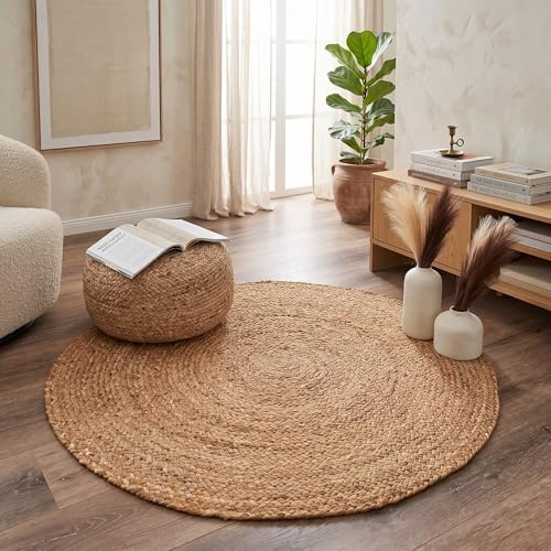 Theo Round Rug, 100% Natural Jute, Artistic Hand Woven Circular Round Rugs for Kitchen, Living Room, Bedroom, Bathroom, Farmhouse - 90cm Round, 90cm x 90cm