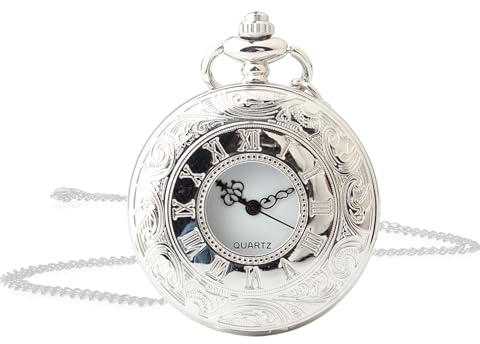 Jinpojun Vintage Taschenuhr mit Kette, Retro Quarz Taschenuhr, Römische Ziffern Taschenuhr für Männer Frauen Vater Opa Geburtstag Jahrestag (Silber)