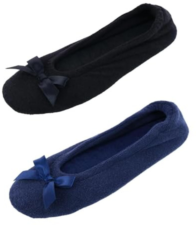 CTM® Pantoufles ballerines en tissu éponge pour femme (lot de 2), Bleu marine, Large
