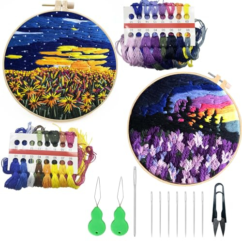 Allazone 2 Sets Stickset für Anfänger, Embroidery kit für Bastelliebhaber, 2 Sticktuch mit Muster Vorlagen und Anleitung, Sticken Kunsthandwerk DIY Art Stickset für Erwachsene (Sonnenuntergang)