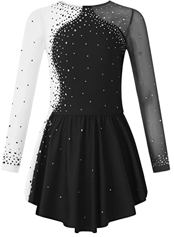 TiaoBug Abito da Pattinaggio Artistico sul Ghiaccio per Ragazze Bambine Concorso Gara di Pattinaggio di Figura Vestito da Balletto Pattinatrice a Maniche Lunghe 4-14 Anni Nero N 11-12 Anni